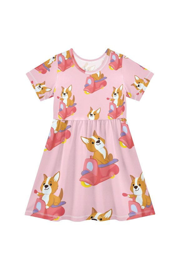 Short Sleeve Dress A-line Silhouette Corgi Cycling Pattern Of Pattern
