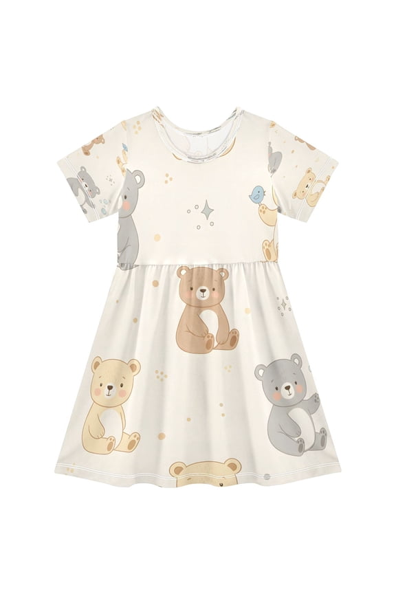 Short Sleeve Dress A-line Silhouette Cute Bear Pattern Of Pattern