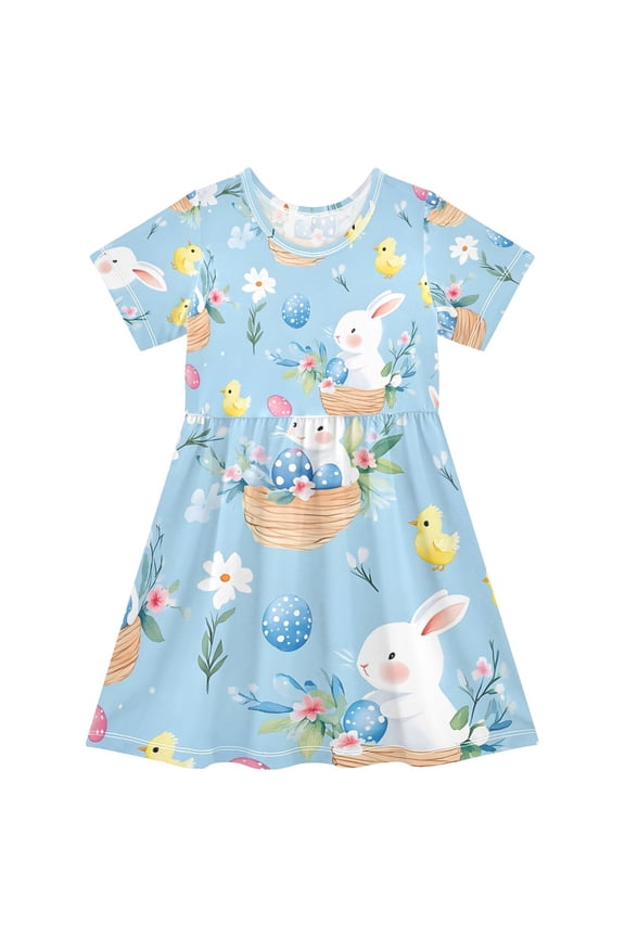 Short Sleeve Dress A-line Silhouette Cute Bunny Easter Egg Pattern Of Pattern