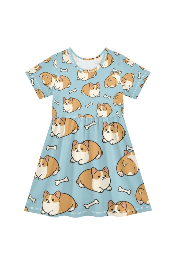 Short Sleeve Dress A-line Silhouette Cute Corgi Butt Of Pattern