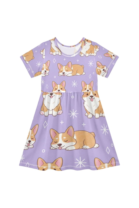 Short Sleeve Dress A-line Silhouette Cute Corgi Purple Of Pattern