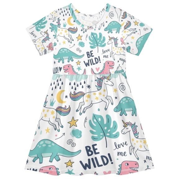 DALAWU Short Sleeve Dress A-line Silhouette Cute Dinosaur and Unicorn Of Pattern