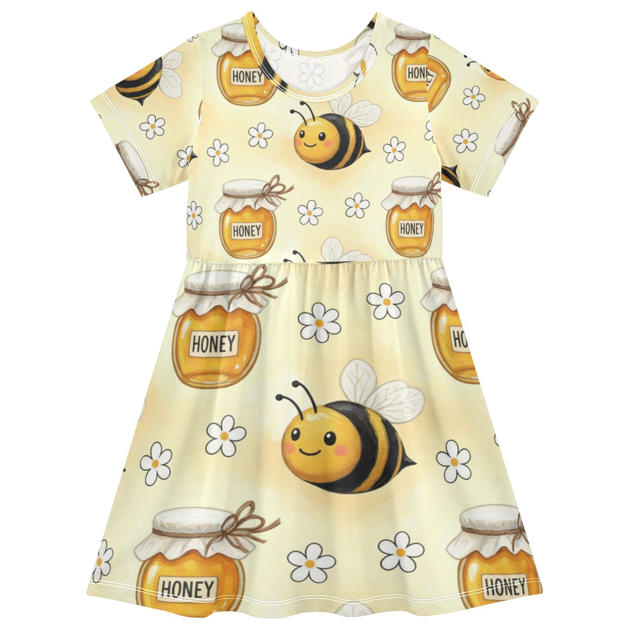 DALAWU Short Sleeve Dress A-line Silhouette Cute Honey Bee Flowers Of ...