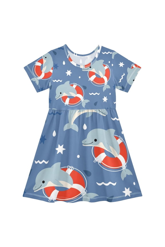 Short Sleeve Dress A-line Silhouette Cute Swimming Circle Pattern Of Pattern