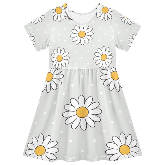 DALAWU Short Sleeve Dress A-line Silhouette Daisy Polka Dots Pattern Of Pattern
