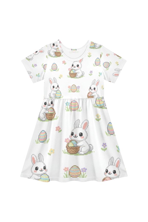 Short Sleeve Dress A-line Silhouette Easter Bunny Of Pattern