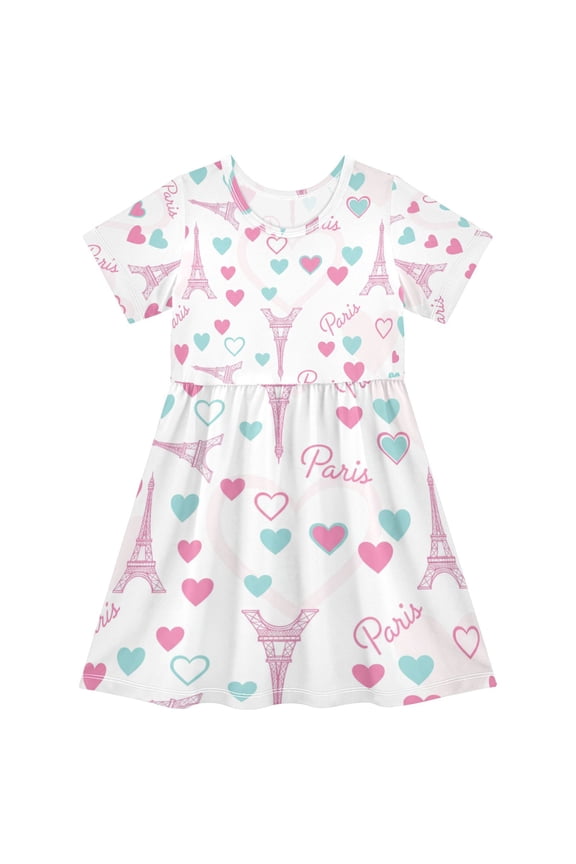 Short Sleeve Dress A-line Silhouette Eiffel Tower Paris Love Pink Of Pattern
