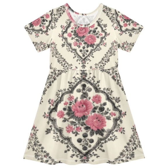 DALAWU Short Sleeve Dress A-line Silhouette Elegant Blush Filigree Of Pattern