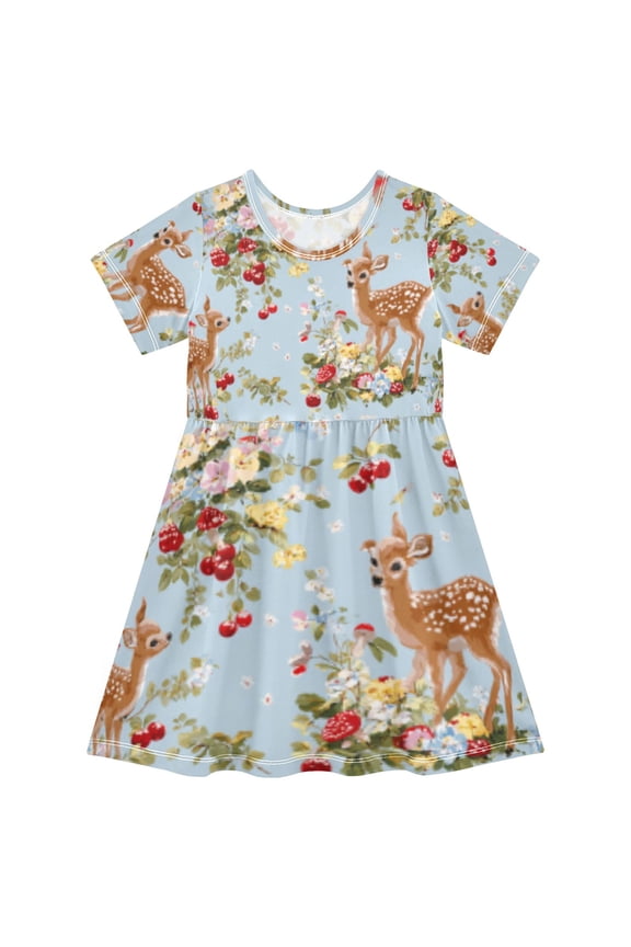 Short Sleeve Dress A-line Silhouette Forest with Deer Friends Of Pattern