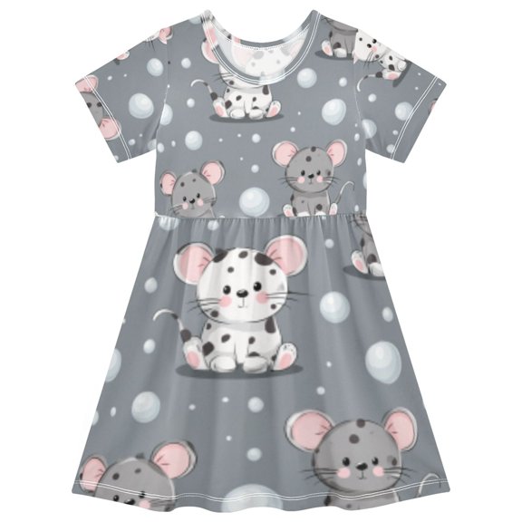 DALAWU Short Sleeve Dress A-line Silhouette Frosty Mouse Snow Globe Scene Of Pattern