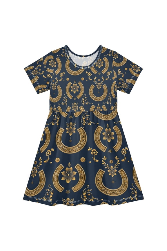 Short Sleeve Dress A-line Silhouette Gold Horseshoe Pattern Of Pattern