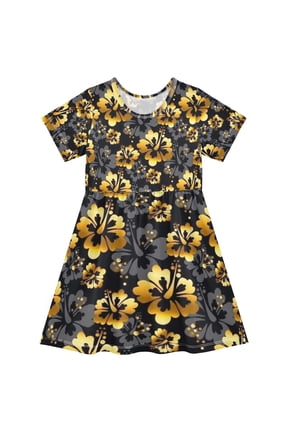 Short Sleeve Dress A-line Silhouette Gothic Golden Floral Of Pattern