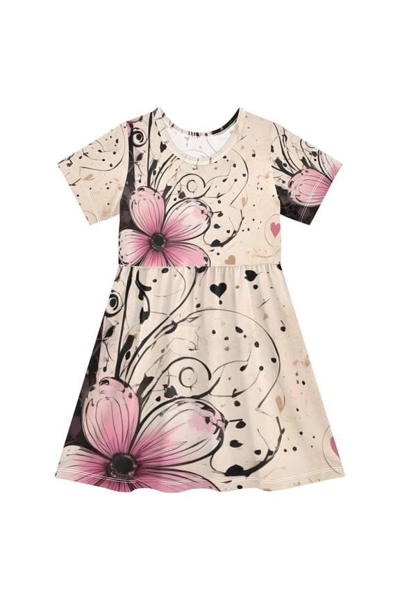 Short Sleeve Dress A-line Silhouette Grunge Floral Bordered Elegance Of Pattern