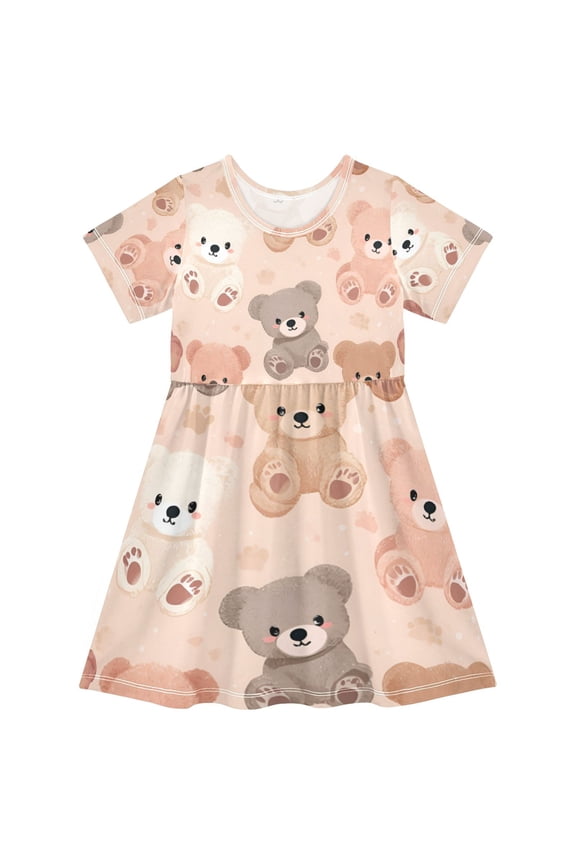 Short Sleeve Dress A-line Silhouette Honey Bear Huddle Of Pattern