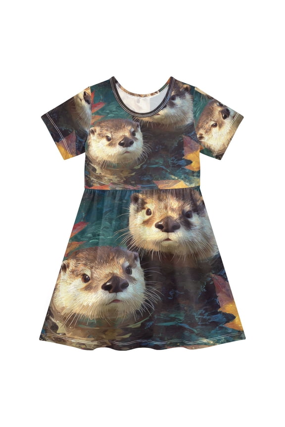 Short Sleeve Dress A-line Silhouette Impressionist Otter Reverie Of Pattern
