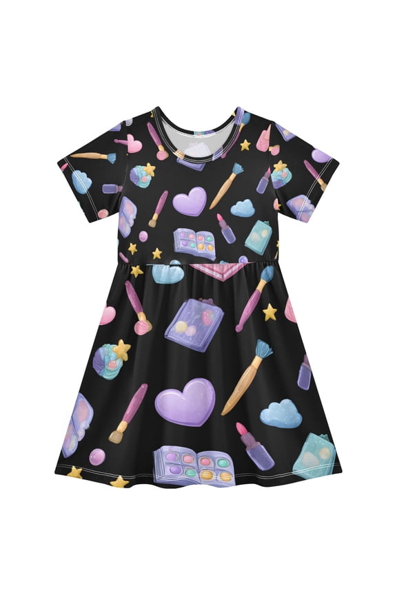 Short Sleeve Dress A-line Silhouette Kawaii Style Makeup Pattern Of Pattern
