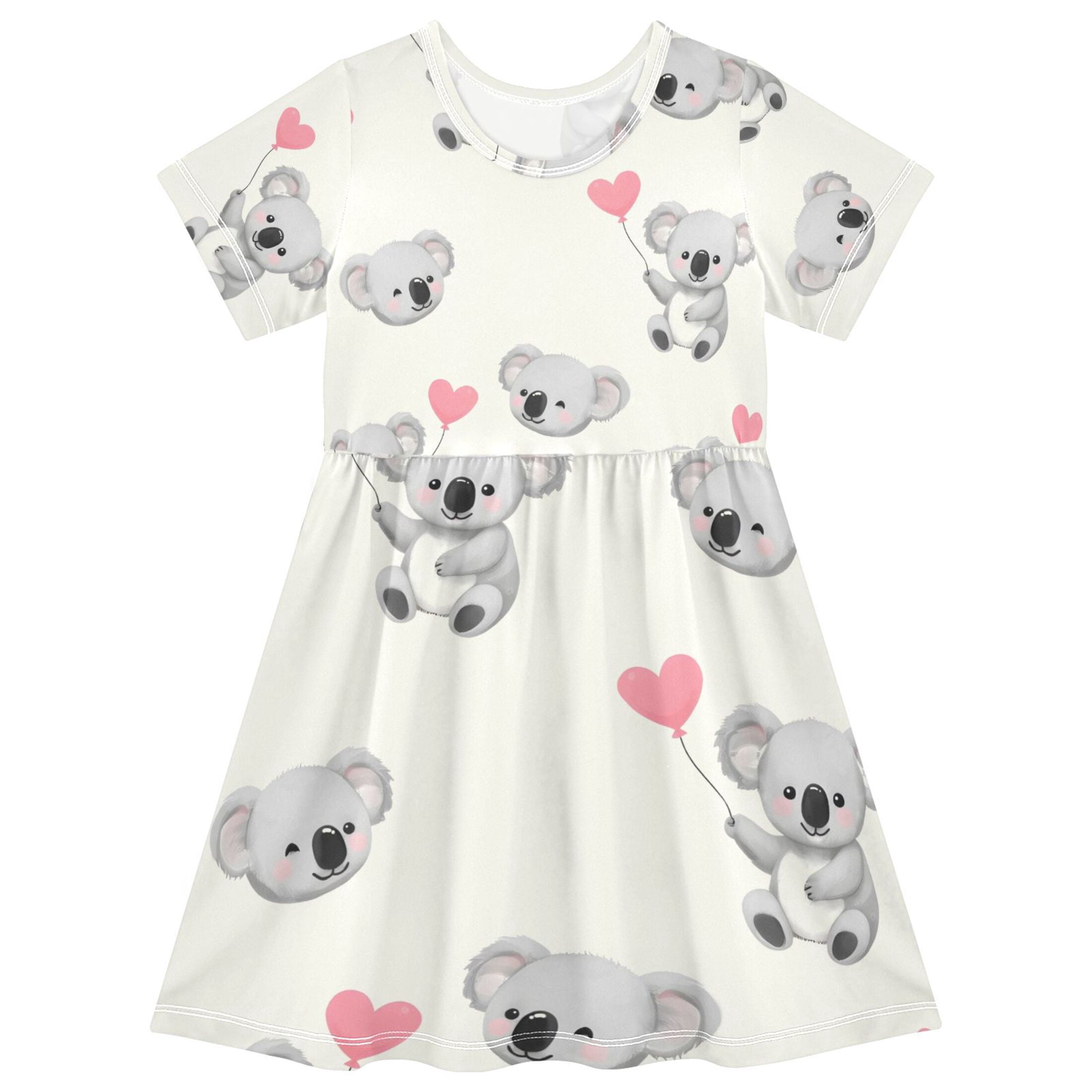 DALAWU Short Sleeve Dress A-line Silhouette Koala Love Of Pattern ...