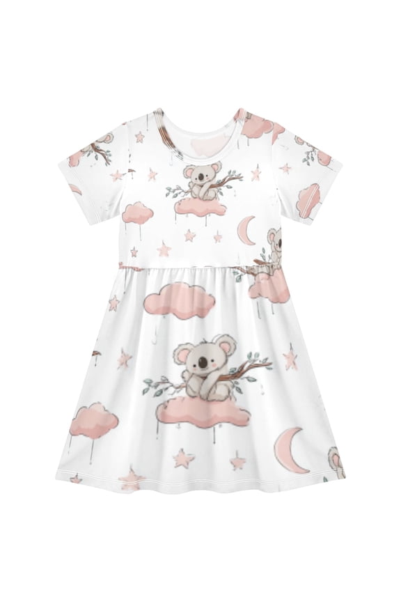 Short Sleeve Dress A-line Silhouette Koalas and Clouds White Of Pattern