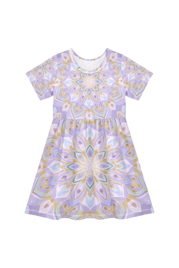 Short Sleeve Dress A-line Silhouette Lavender Cosmic Bloom Of Pattern