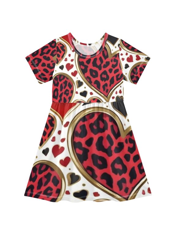 Short Sleeve Dress A-line Silhouette Leopard Heart Edgy Print Of Pattern