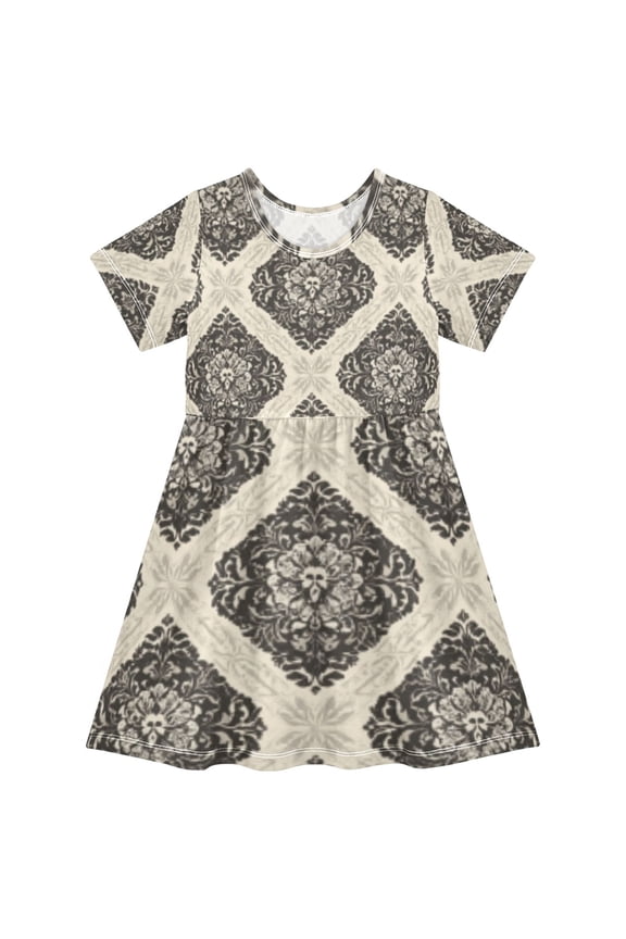 Short Sleeve Dress A-line Silhouette Noir Damask Of Pattern
