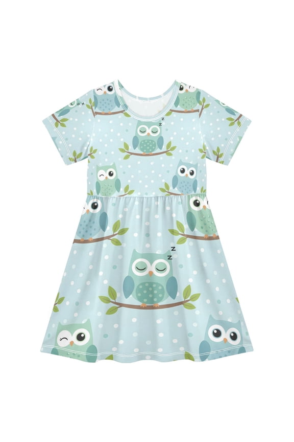 Short Sleeve Dress A-line Silhouette Owl Of Pattern