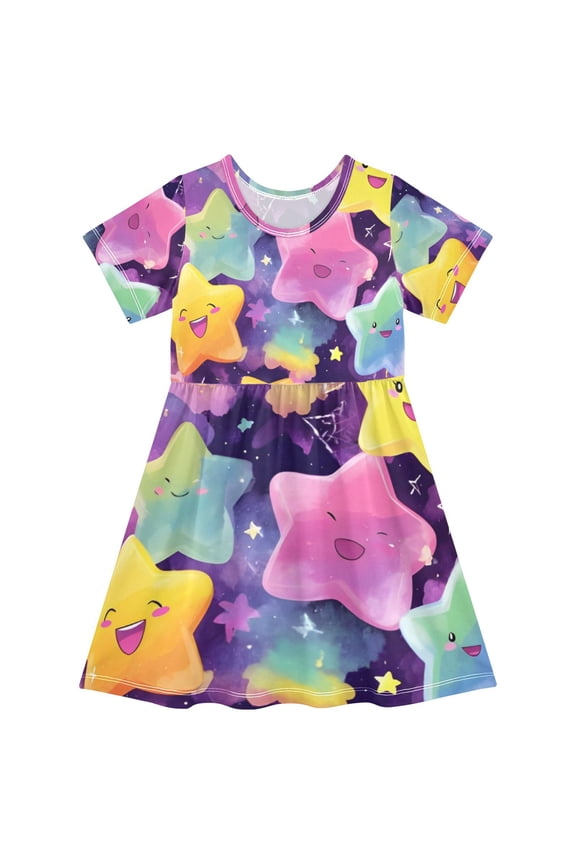 Short Sleeve Dress A-line Silhouette Pastel Smile Stars Of Pattern