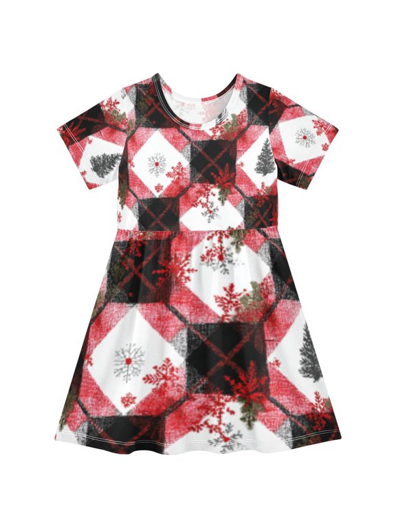 Short Sleeve Dress A-line Silhouette Patchwork Christmas Charm Of Pattern