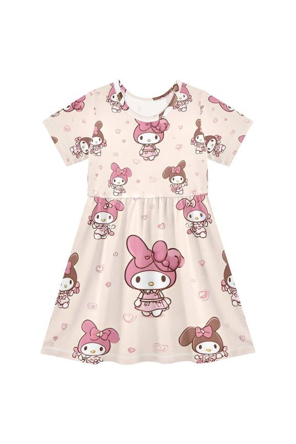 Short Sleeve Dress A-line Silhouette Pink Bunny Bow Parade Of Pattern