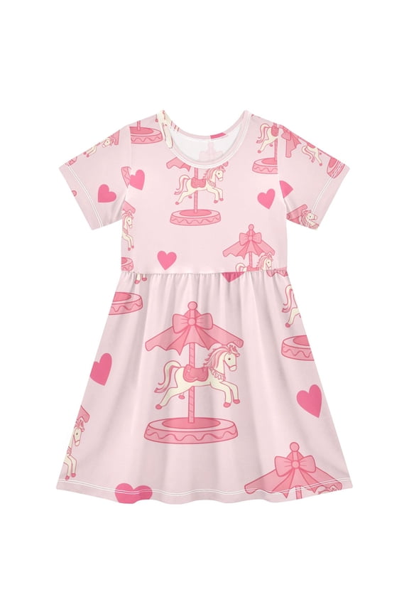 Short Sleeve Dress A-line Silhouette Pink Carousel Pattern Of Pattern