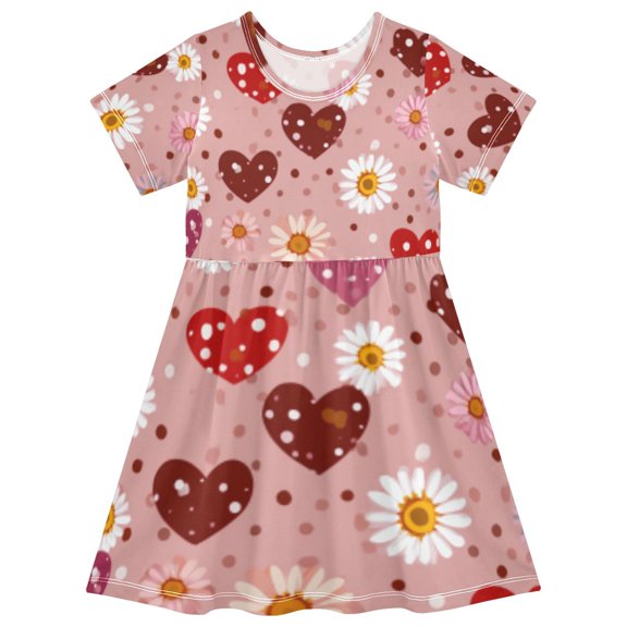 DALAWU Short Sleeve Dress A-line Silhouette Pink Heart - Daisy Fusion Of Pattern