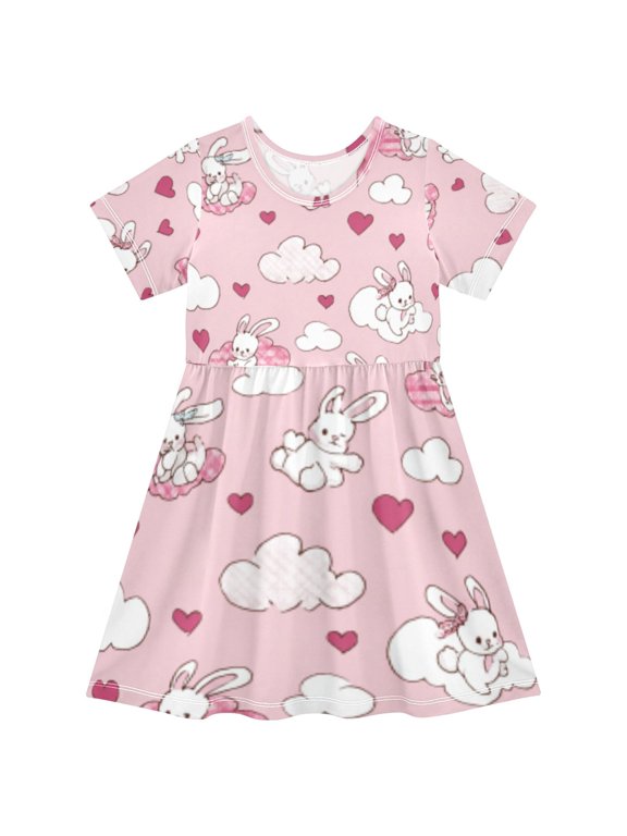 Short Sleeve Dress A-line Silhouette Rabbit Love Cloud Burst Of Pattern