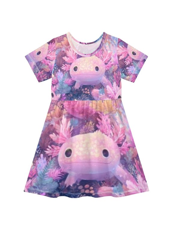 Short Sleeve Dress A-line Silhouette Rainbow Fish Colorful Reef Of Pattern