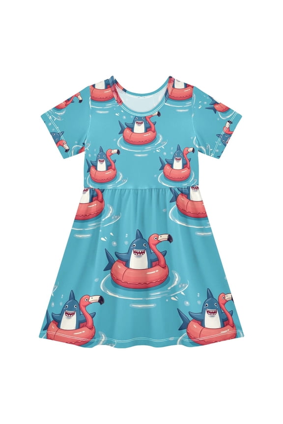 Short Sleeve Dress A-line Silhouette Shark Flamingo Swimming Circle Pattern Of Pattern