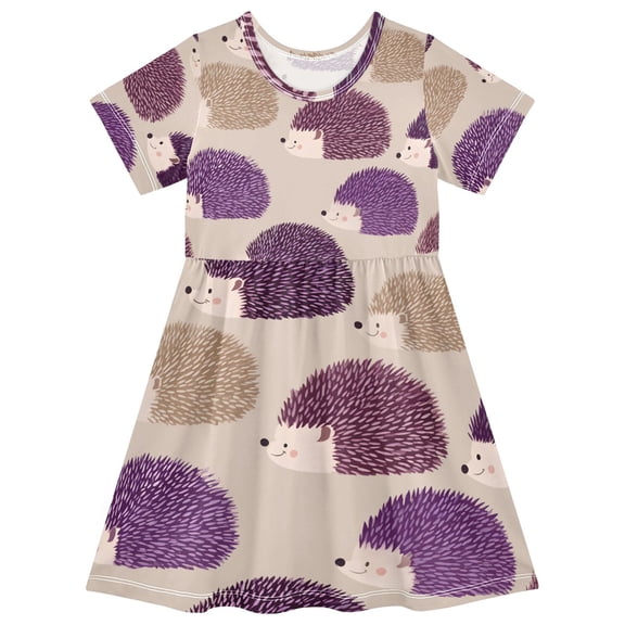 DALAWU Short Sleeve Dress A-line Silhouette Simple Lines Purple and Brow Pattern Of Pattern