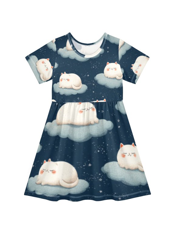 Short Sleeve Dress A-line Silhouette Starry Night Cloud Cat Colony Of Pattern