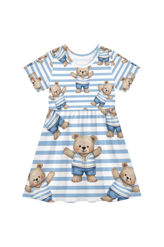Short Sleeve Dress A-line Silhouette Striped Cute Bear Of Pattern