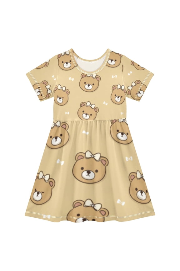 Short Sleeve Dress A-line Silhouette Teddy Bear Pattern Parade Of Pattern