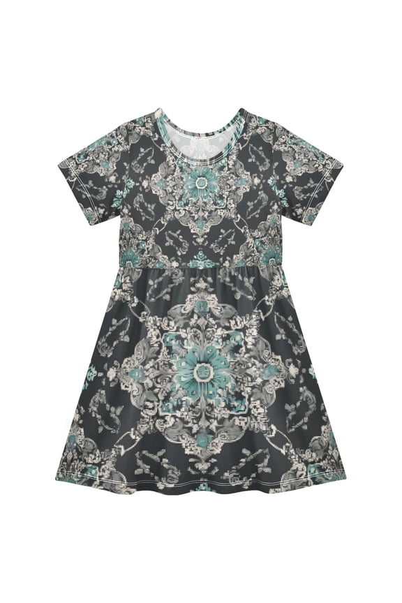 Short Sleeve Dress A-line Silhouette Turquoise Moroccan Tile Of Pattern