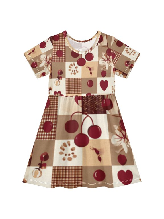 Short Sleeve Dress A-line Silhouette Vintage Cherry Patchwork Of Pattern