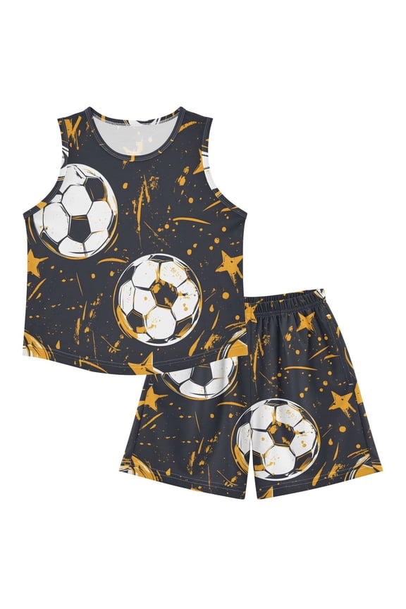 DALAWU Soccer Star Pattern For Ultra-Soft Pajama Breathable Sleeveless Loungewear Set Elastic Waist for All-Day Comfort