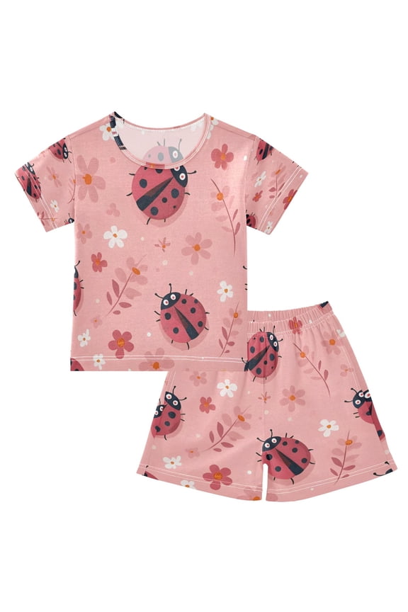 Soft Pink Ladybug Cotton Short Sleeve Pajama Set Breathable