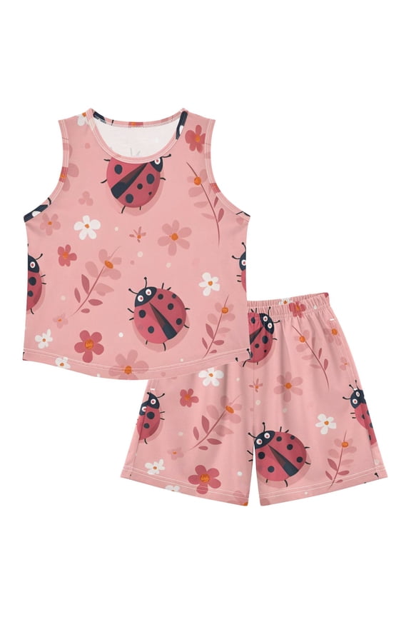 DALAWU Soft Pink Ladybug For Ultra-Soft Pajama Breathable Sleeveless Loungewear Set Elastic Waist for All-Day Comfort