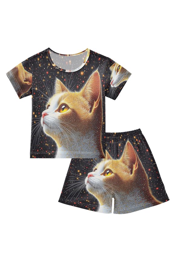 Starry Background Cat Cotton Short Sleeve Pajama Set Breathable