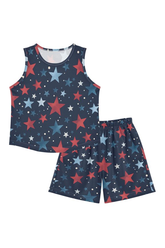 DALAWU Stars on Dark Background Pattern For Ultra-Soft Pajama Breathable Sleeveless Loungewear Set Elastic Waist for All-Day Comfort