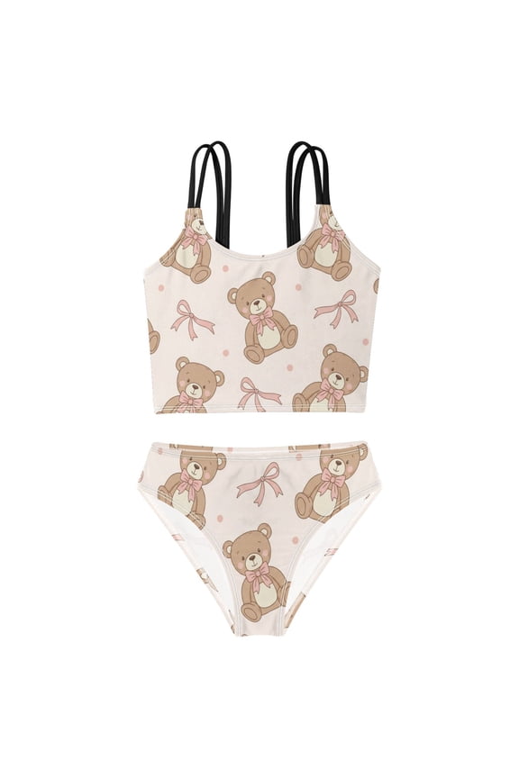 Swimsuit 2-Piece Tank Swimming Wear Quick Dry Bathing Suit-Animal Bear Pink Ribbon Bow Printed