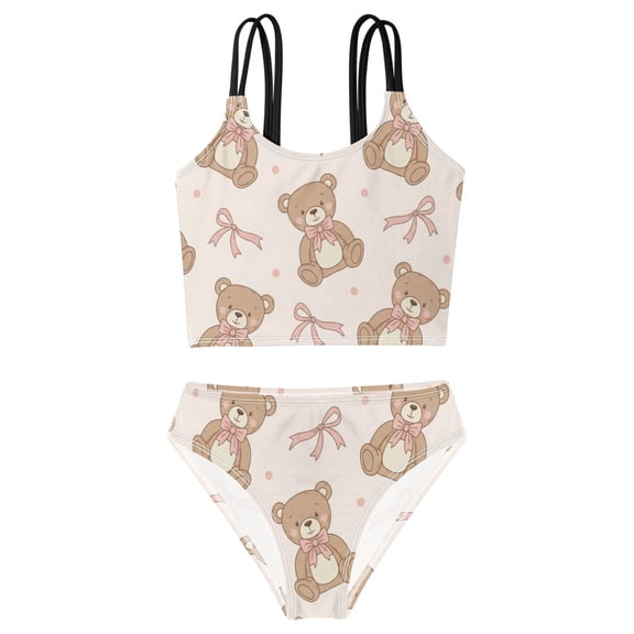 DALAWU Swimsuit 2-Piece Tank Swimming Wear Quick Dry Bathing Suit-Animal Bear Pink Ribbon Bow Printed