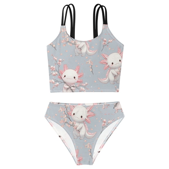 DALAWU Swimsuit 2-Piece Tank Swimming Wear Quick Dry Bathing Suit-Axolotl Cherry Blossom Flower Pattern Printed