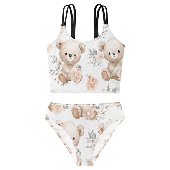 DALAWU Swimsuit 2-Piece Tank Swimming Wear Quick Dry Bathing Suit-Bears Flowers Pattern Printed