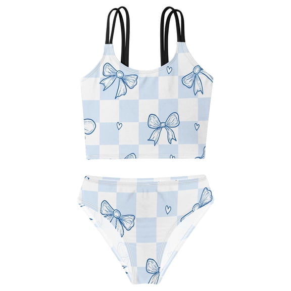 DALAWU Swimsuit 2-Piece Tank Swimming Wear Quick Dry Bathing Suit-Blue Bow Checkboard Printed